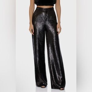 NWT Avec Les Filles Black Sequin Wide-Leg High-Rise Pants Size 8